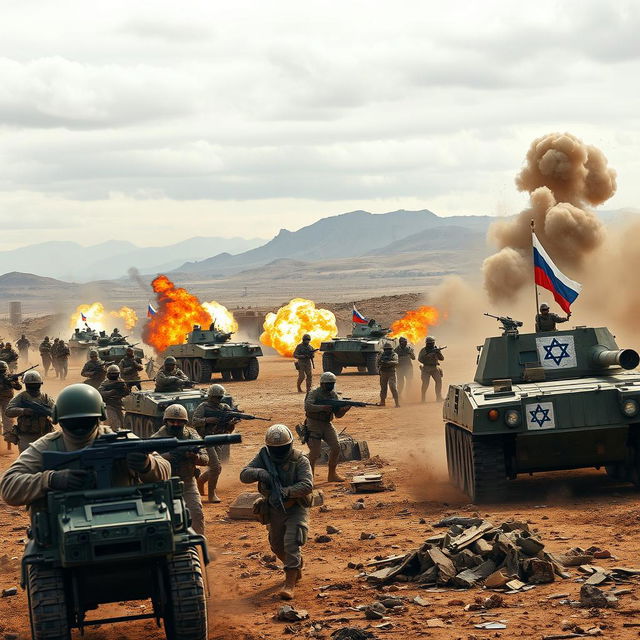 A dramatic battlefield scene depicting an intense conflict between the Iranian army and Russian forces on one side, engaging in combat against Israel