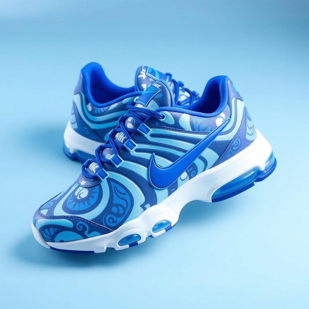 A stylish design of Nike TN sneakers featuring a striking blue and white pattern that creates a fresh and sporty look