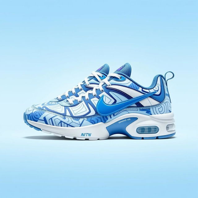 A stylish design of Nike TN sneakers featuring a striking blue and white pattern that creates a fresh and sporty look