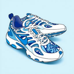A stylish design of Nike TN sneakers featuring a striking blue and white pattern that creates a fresh and sporty look