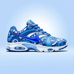 A stylish design of Nike TN sneakers featuring a striking blue and white pattern that creates a fresh and sporty look