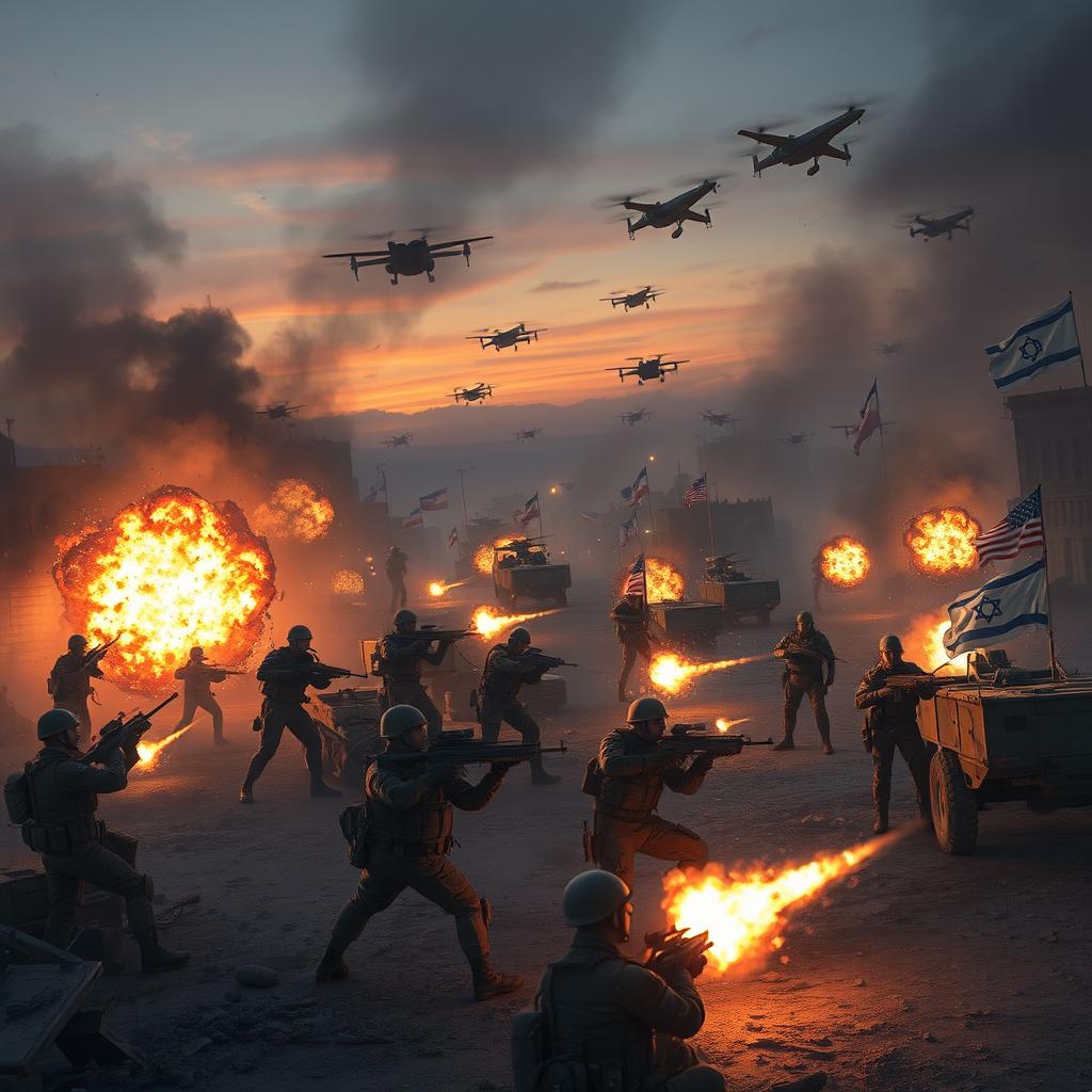 An epic and intense scene illustrating a military conflict involving Iranian and Russian forces united against a coalition of United States and Israeli troops