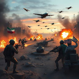 An epic and intense scene illustrating a military conflict involving Iranian and Russian forces united against a coalition of United States and Israeli troops