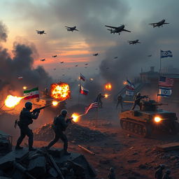 An epic and intense scene illustrating a military conflict involving Iranian and Russian forces united against a coalition of United States and Israeli troops