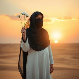 A lady wearing a traditional Arab dress and a long black veil, symbolizing modesty and chastity, with her face obscured