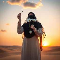 A lady wearing a traditional Arab dress and a long black veil, symbolizing modesty and chastity, with her face obscured