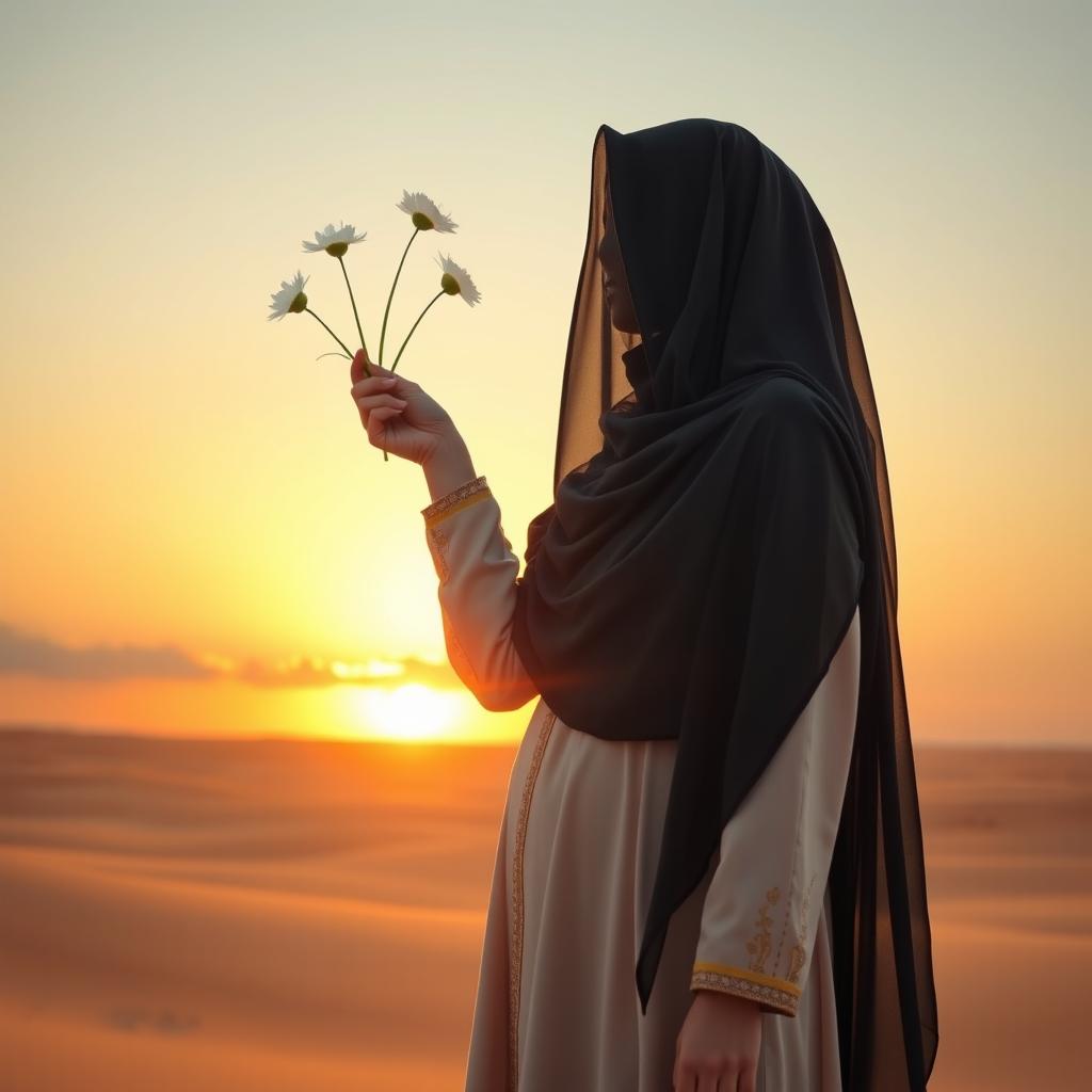 A lady wearing a traditional Arab dress and a long black veil, symbolizing modesty and chastity, with her face obscured