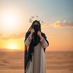 A lady wearing a traditional Arab dress and a long black veil, symbolizing modesty and chastity, with her face obscured