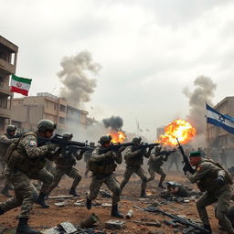 A dramatic scene depicting a military conflict involving Iranian and Russian forces engaged in battle against Israeli troops