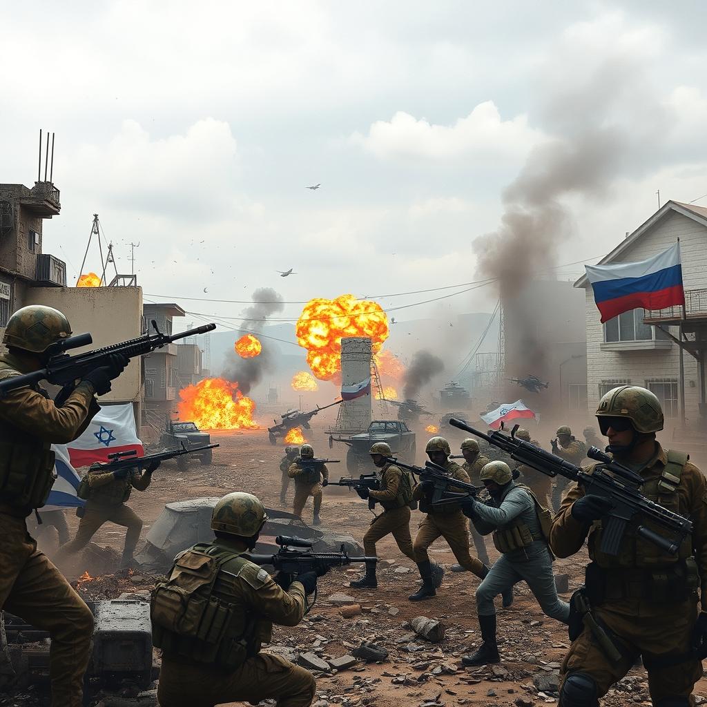 A dramatic scene depicting a military conflict involving Iranian and Russian forces engaged in battle against Israeli troops