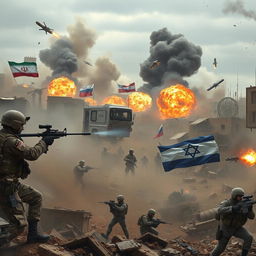 A dramatic scene depicting a military conflict involving Iranian and Russian forces engaged in battle against Israeli troops