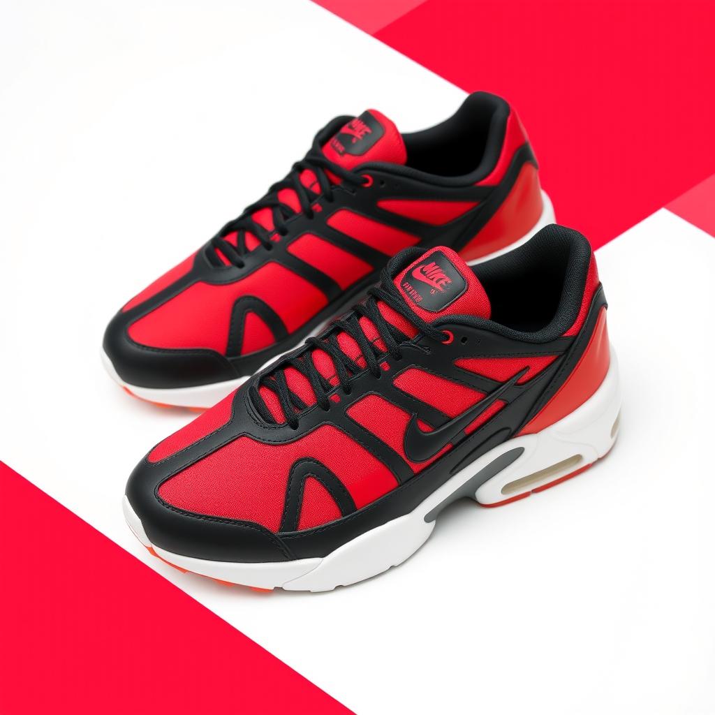 A sleek design of Nike TN sneakers featuring a simple yet striking red and black pattern