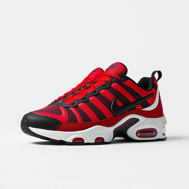 A sleek design of Nike TN sneakers featuring a simple yet striking red and black pattern