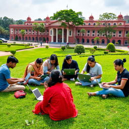 A vibrant outdoor scene featuring ten Nepalese individuals of diverse backgrounds sitting on a lush green lawn, each focused on their laptops