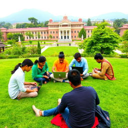 A vibrant outdoor scene featuring ten Nepalese individuals of diverse backgrounds sitting on a lush green lawn, each focused on their laptops