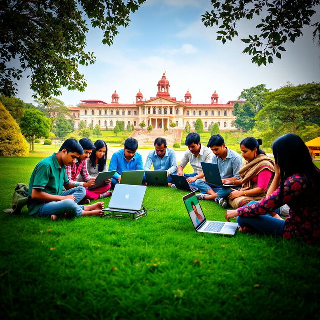 A vibrant outdoor scene featuring ten Nepalese individuals of diverse backgrounds sitting on a lush green lawn, each focused on their laptops