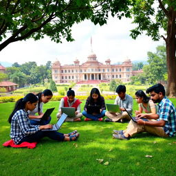 A vibrant outdoor scene featuring ten Nepalese individuals of diverse backgrounds sitting on a lush green lawn, each focused on their laptops