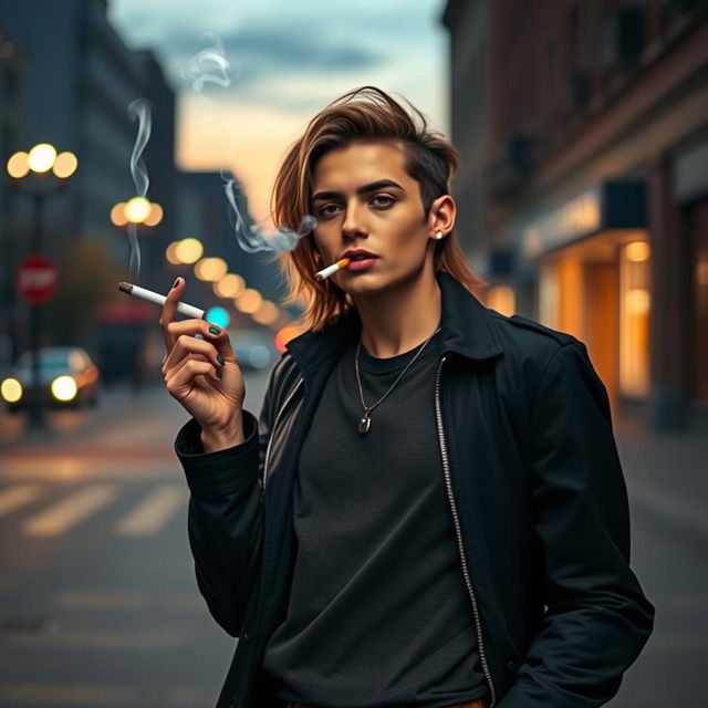 A person standing confidently, holding a cigarette in one hand while casually taking a drag, with smoke curling up from their mouth