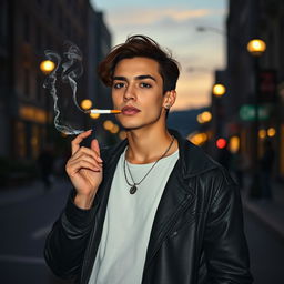A person standing confidently, holding a cigarette in one hand while casually taking a drag, with smoke curling up from their mouth