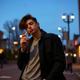 A person standing confidently, holding a cigarette in one hand while casually taking a drag, with smoke curling up from their mouth
