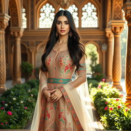 A majestic Iranian princess dressed in an exquisite traditional Persian gown, adorned with intricate patterns and vibrant colors