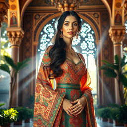 A majestic Iranian princess dressed in an exquisite traditional Persian gown, adorned with intricate patterns and vibrant colors
