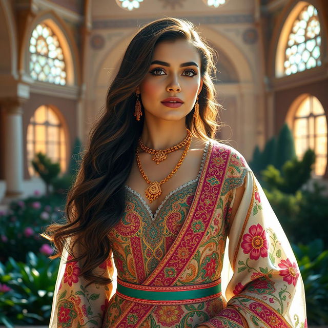 A majestic Iranian princess dressed in an exquisite traditional Persian gown, adorned with intricate patterns and vibrant colors