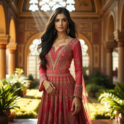 A majestic Iranian princess dressed in an exquisite traditional Persian gown, adorned with intricate patterns and vibrant colors