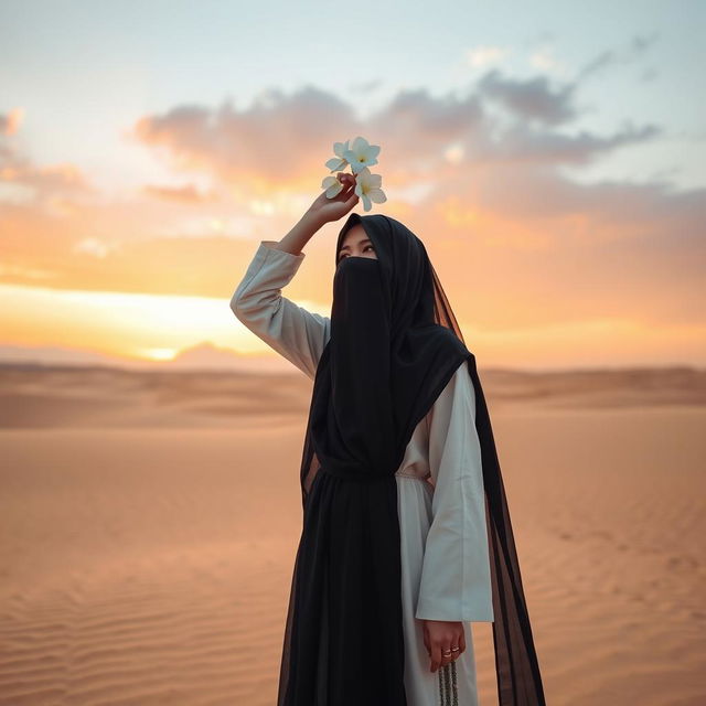 A lady dressed in a traditional Arab dress and a long black veil, which symbolizes modesty and chastity, with her face obscured