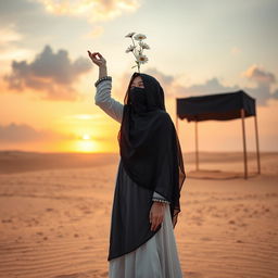 A lady dressed in a traditional Arab dress and a long black veil, which symbolizes modesty and chastity, with her face obscured