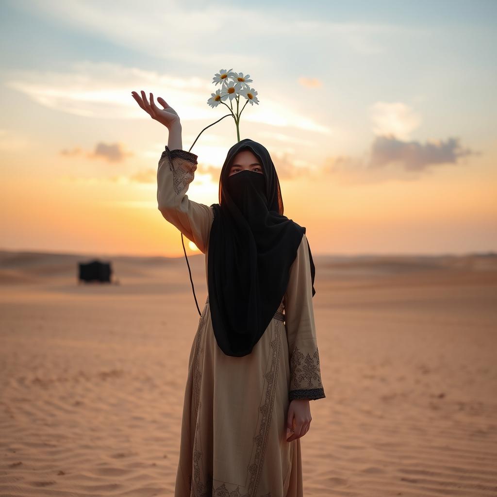 A lady dressed in a traditional Arab dress and a long black veil, which symbolizes modesty and chastity, with her face obscured