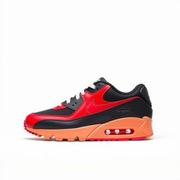 A stylish design of Nike Air Max 90 sneakers featuring a simple yet eye-catching red and black pattern