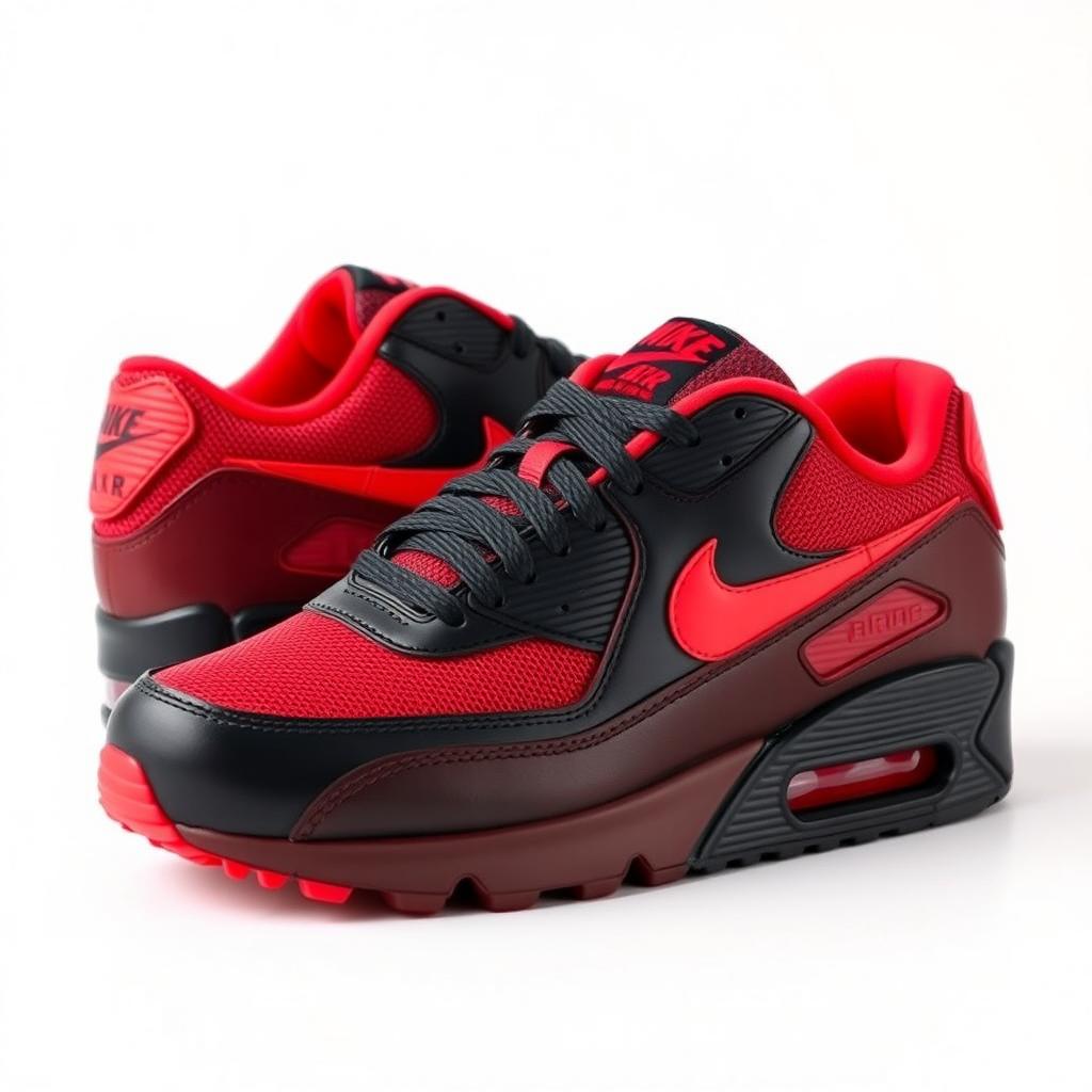 A stylish design of Nike Air Max 90 sneakers featuring a simple yet eye-catching red and black pattern