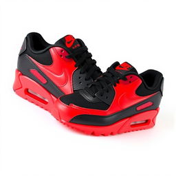 A stylish design of Nike Air Max 90 sneakers featuring a simple yet eye-catching red and black pattern