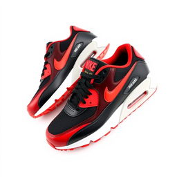 A stylish design of Nike Air Max 90 sneakers featuring a simple yet eye-catching red and black pattern
