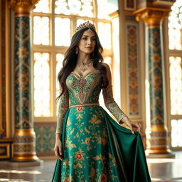 A stunning Iranian princess standing gracefully in an opulent palace setting, adorned in a luxurious, intricately designed gown featuring rich colors like deep emerald green and gold