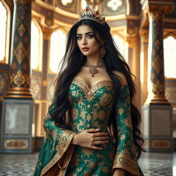 A stunning Iranian princess standing gracefully in an opulent palace setting, adorned in a luxurious, intricately designed gown featuring rich colors like deep emerald green and gold