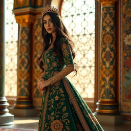 A stunning Iranian princess standing gracefully in an opulent palace setting, adorned in a luxurious, intricately designed gown featuring rich colors like deep emerald green and gold