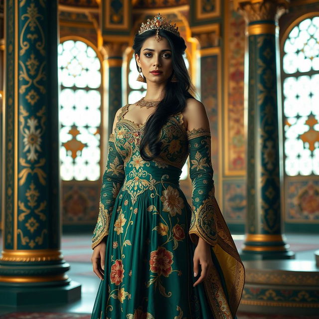 A stunning Iranian princess standing gracefully in an opulent palace setting, adorned in a luxurious, intricately designed gown featuring rich colors like deep emerald green and gold