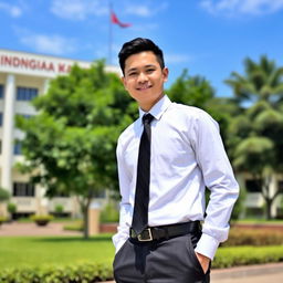 A professional Indonesian civil servant in a formal outfit, complete with a crisp white long-sleeved shirt, a black tie, and dark trousers