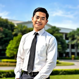 A professional Indonesian civil servant in a formal outfit, complete with a crisp white long-sleeved shirt, a black tie, and dark trousers