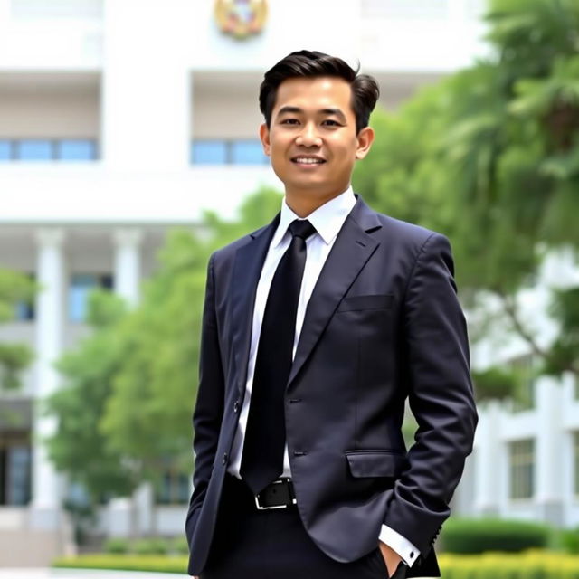 A professional Indonesian civil servant in a formal outfit, complete with a crisp white long-sleeved shirt, a black tie, and dark trousers