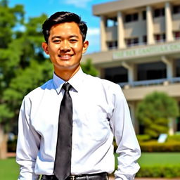 A professional Indonesian civil servant in a formal outfit, complete with a crisp white long-sleeved shirt, a black tie, and dark trousers