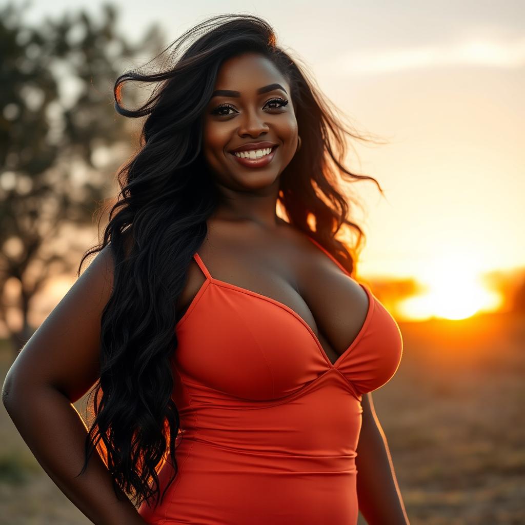 A beautiful Black woman with voluptuous curves and prominent breasts, posing confidently in an outdoor setting