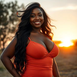 A beautiful Black woman with voluptuous curves and prominent breasts, posing confidently in an outdoor setting