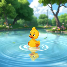 An animated scene of a small, lonely duck named Paco floating on a serene pond