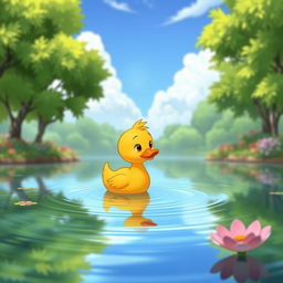An animated scene of a small, lonely duck named Paco floating on a serene pond