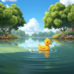 An animated scene of a small, lonely duck named Paco floating on a serene pond