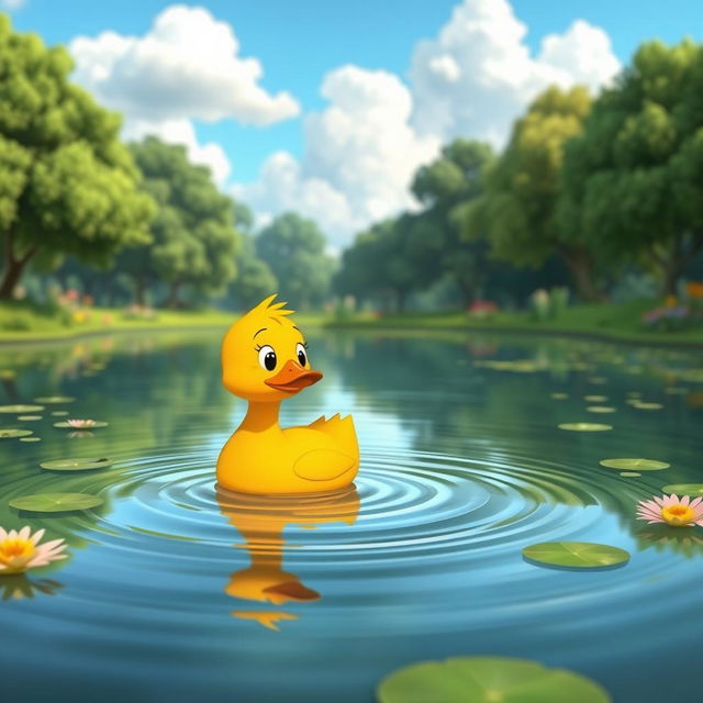 An animated scene of a small, lonely duck named Paco floating on a serene pond