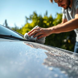 A close-up shot of a dusty car being cleaned, showcasing the shiny surface being revealed as a person wipes away the dust with a cloth